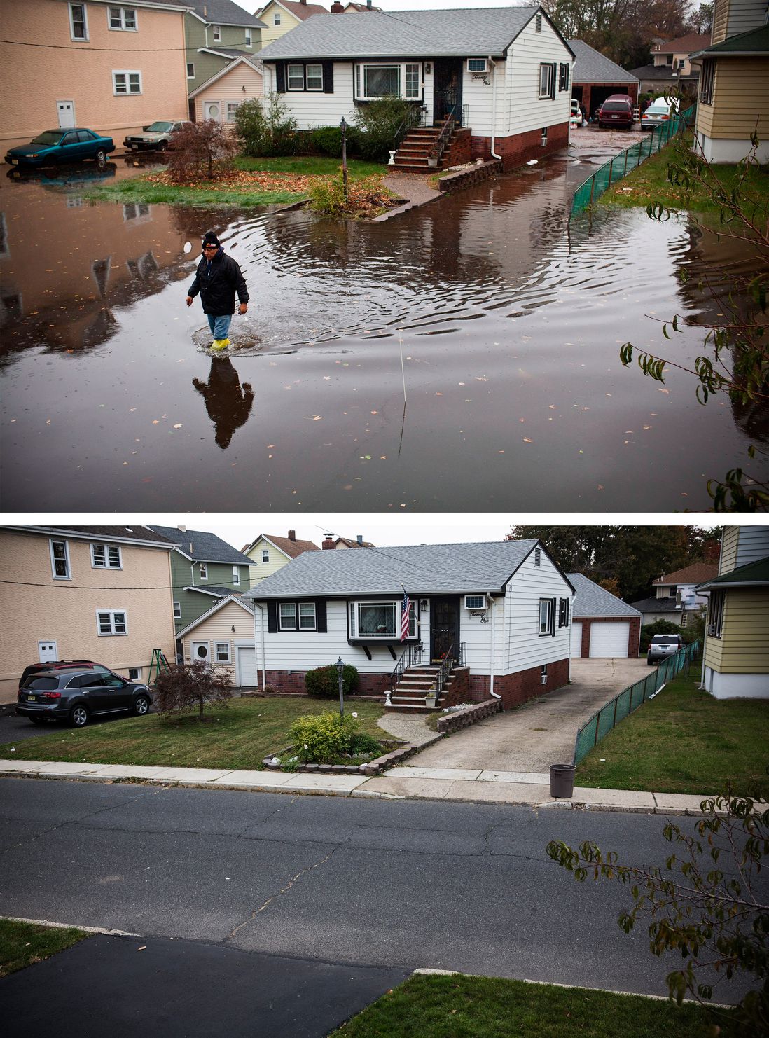 [Top] A man walks through a flooded street after Superstorm Sandy, on October 30, 2012, in Little Ferry, New Jersey. [Bottom] The same house is shown in Little Ferry, New Jersey October 22, 2013.